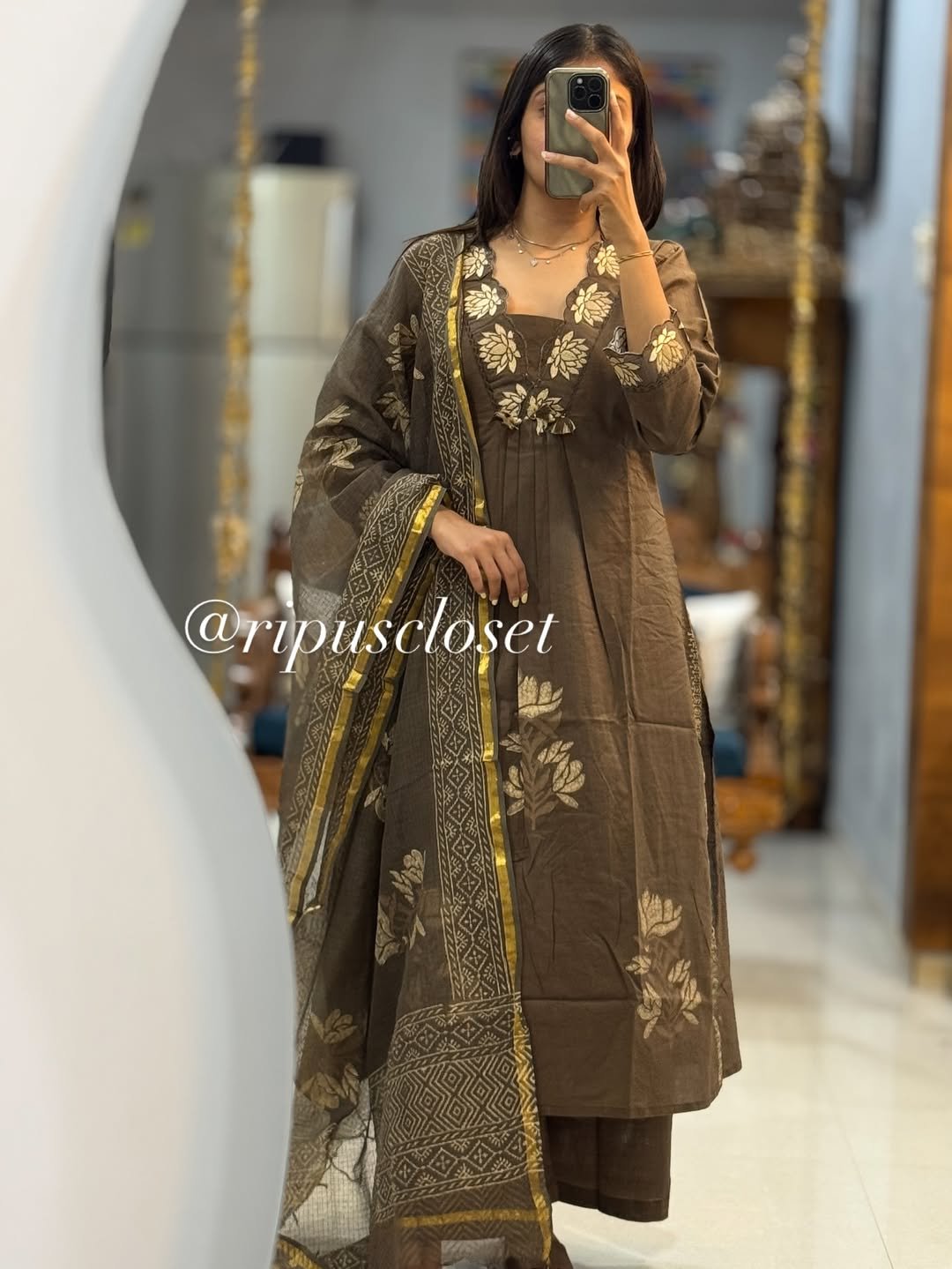 Brown Designer Cotton Suit Set with Dupatta